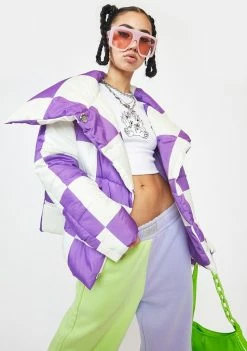 Girlfriend Material Outerwear Purple Checkerboard Puffer Jacket