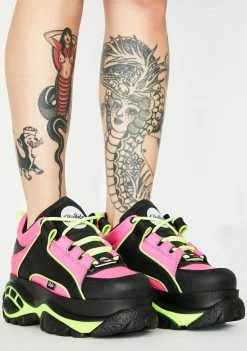Buffalo London Platforms Fuchsia Neon Classic Low Leather Sneakers