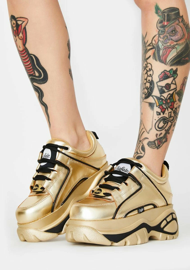 Buffalo London Platforms Gold Metallic Classic Low Leather Sneakers