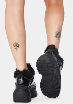 Buffalo London Black Classic Fur Lined Patent Sneakers Platforms