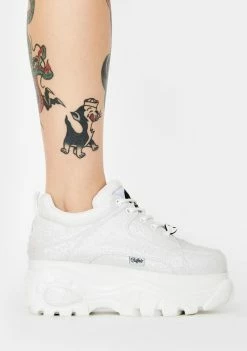 Buffalo London Platforms White Glitter Classic Low Leather Sneakers
