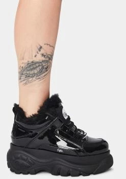 Buffalo London Black Classic Fur Lined Patent Sneakers Platforms