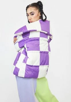 Girlfriend Material Outerwear Purple Checkerboard Puffer Jacket
