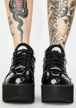 Buffalo London Rising Tower Cuir Verni Noir Patent Sneakers Platforms