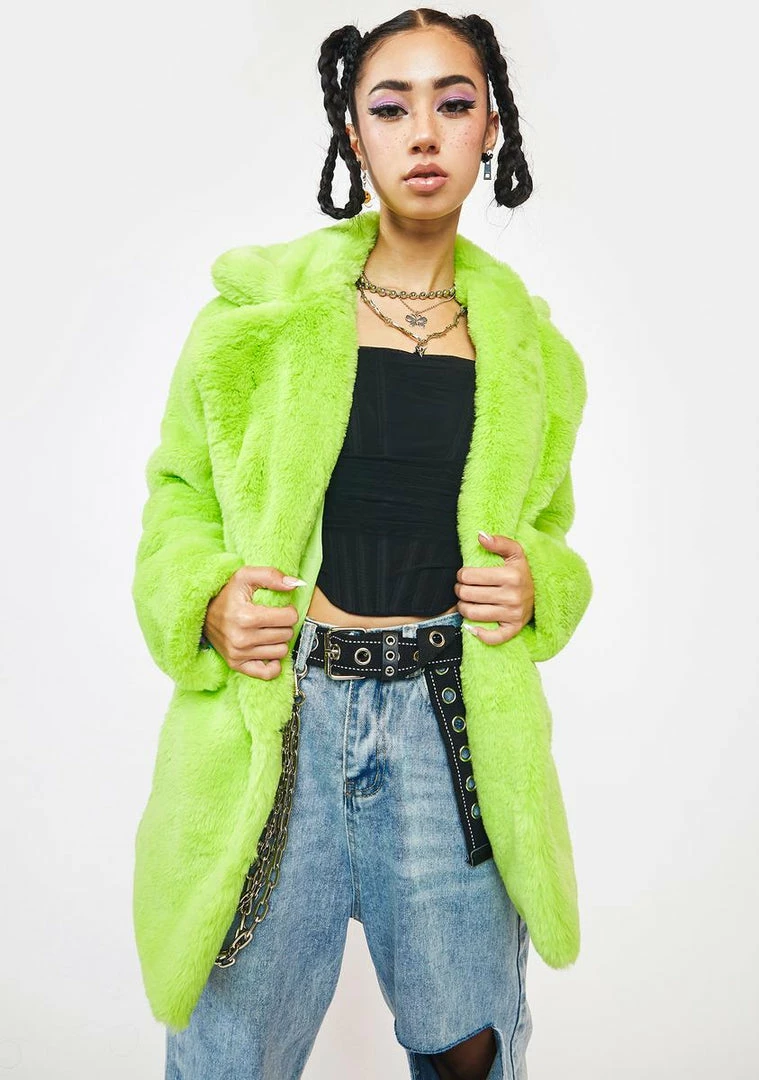 Girlfriend Material Outerwear Lime Green Hendrix Faux Fur Coat
