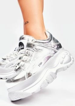 Buffalo London Silver Metallic Classic Low Leather Platform Sneakers