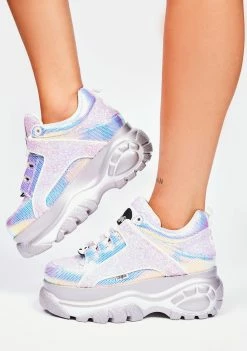 Buffalo London Holographic Glitter Classic Low Leather Platform Sneakers