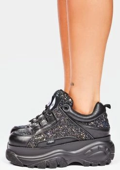 Buffalo London Platforms Black Glitter Classic Low Leather Platform Sneakers