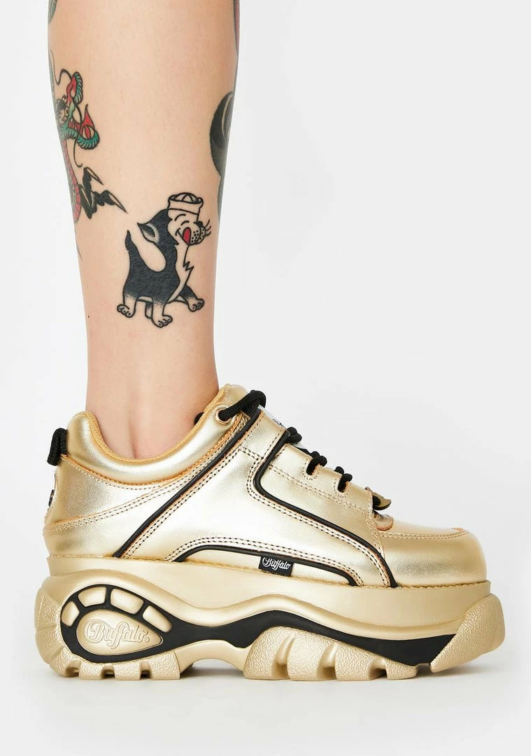 Buffalo London Platforms Gold Metallic Classic Low Leather Sneakers
