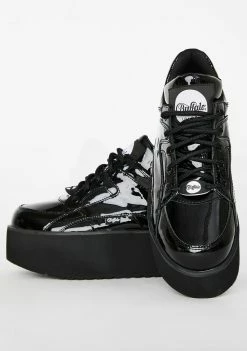 Buffalo London Rising Tower Cuir Verni Noir Patent Sneakers Platforms