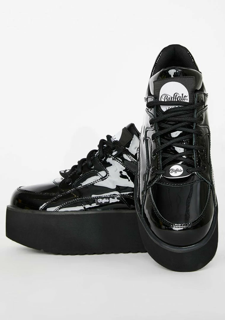 Buffalo London Rising Tower Cuir Verni Noir Patent Sneakers Platforms