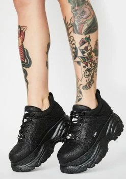 Buffalo London Black Glitter Classic Low Leather Sneakers Platforms