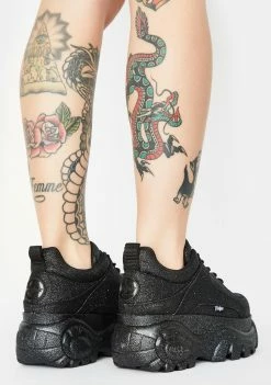 Buffalo London Black Glitter Classic Low Leather Sneakers Platforms