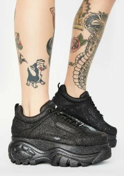 Buffalo London Black Glitter Classic Low Leather Sneakers Platforms