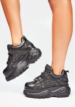 Buffalo London Platforms Black Glitter Classic Low Leather Platform Sneakers