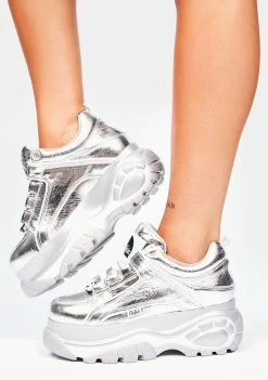 Buffalo London Silver Metallic Classic Low Leather Platform Sneakers