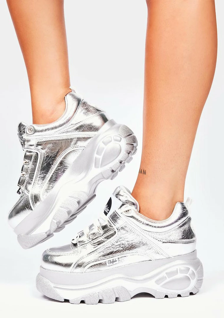 Buffalo London Silver Metallic Classic Low Leather Platform Sneakers