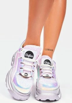 Buffalo London Holographic Glitter Classic Low Leather Platform Sneakers