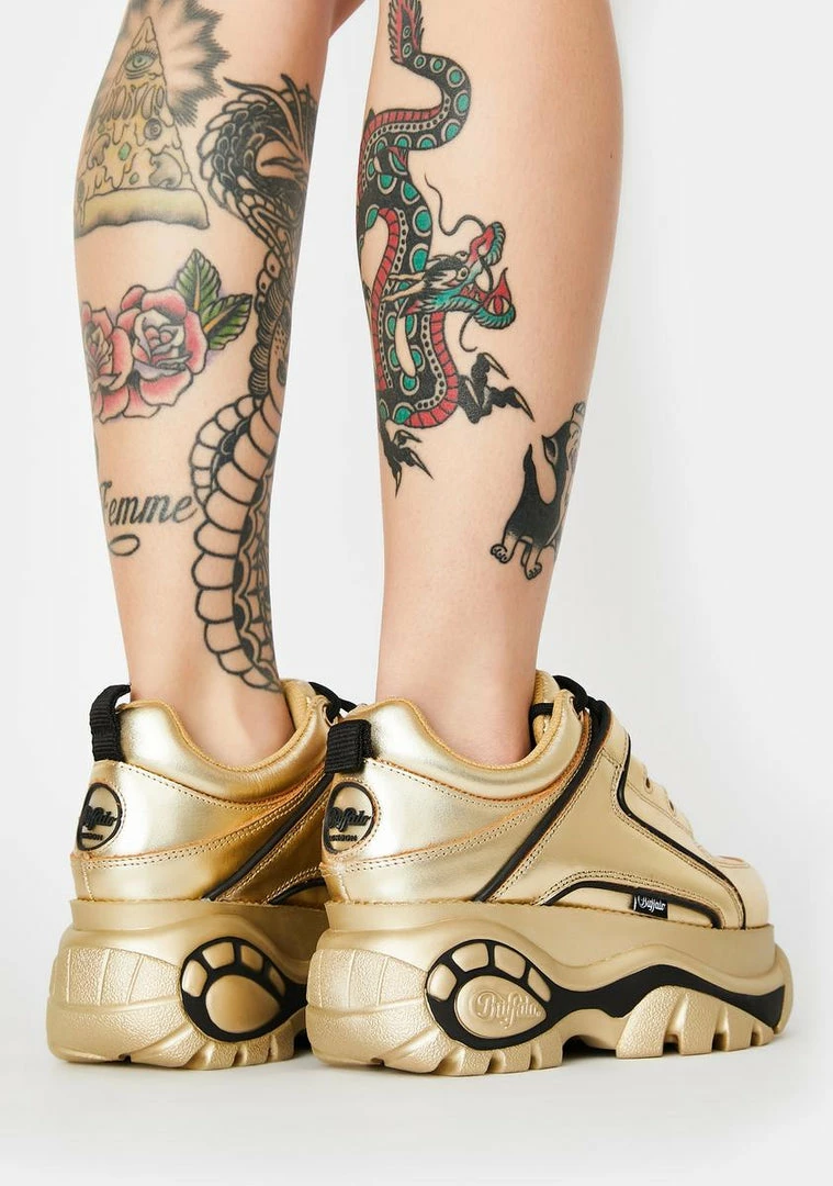 Buffalo London Platforms Gold Metallic Classic Low Leather Sneakers