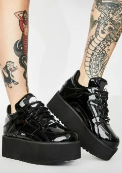Buffalo London Rising Tower Cuir Verni Noir Patent Sneakers Platforms