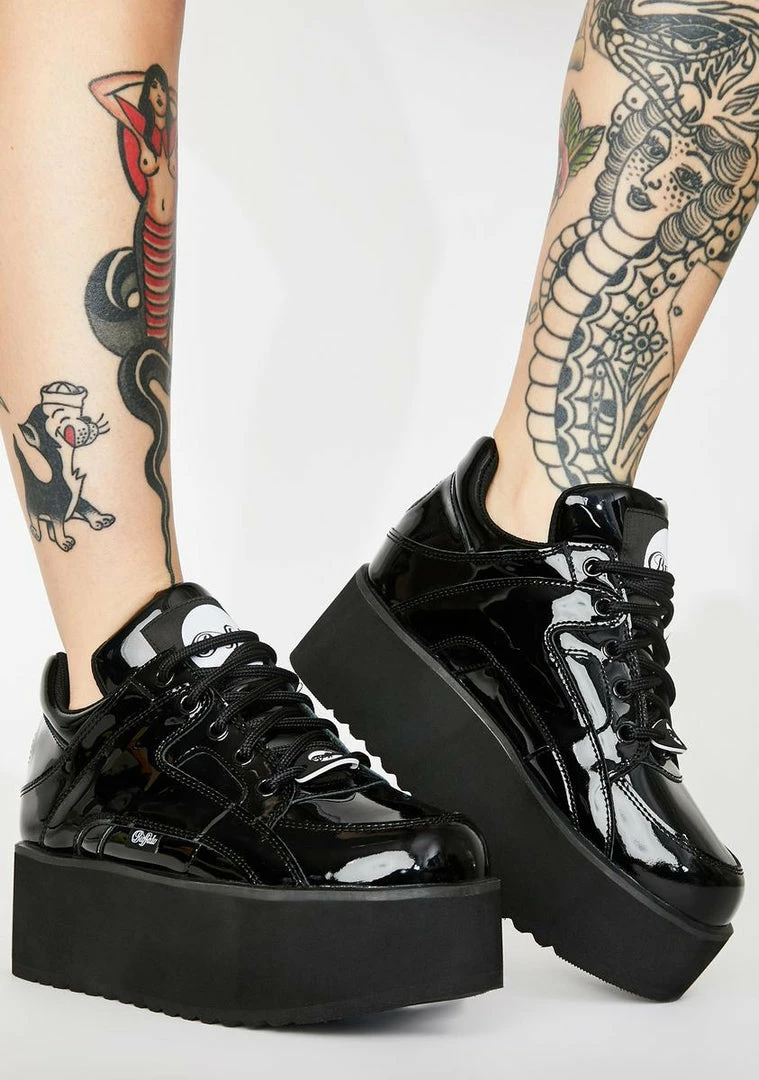 Buffalo London Rising Tower Cuir Verni Noir Patent Sneakers Platforms