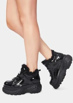 Buffalo London Black Classic Fur Lined Patent Sneakers Platforms