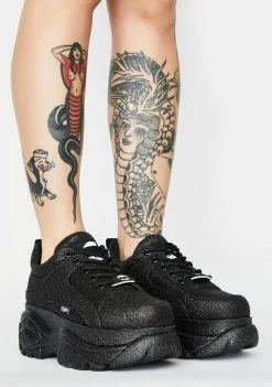 Buffalo London Black Glitter Classic Low Leather Sneakers Platforms