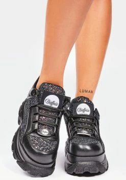 Buffalo London Platforms Black Glitter Classic Low Leather Platform Sneakers