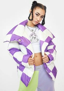 Girlfriend Material Outerwear Purple Checkerboard Puffer Jacket